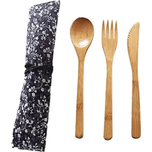 Reusable Bamboo Coffee Stirring Spoon Cutlery Set With Bag Teaspoon Tea Spoons Knife Fork Portable Outdoor Picnics Dinnerware