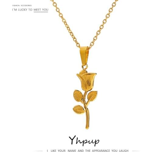 Yhpup Trendy Metal Rose Flower Pendant Necklace 316 Stainless Steel Waterproof Jewelry Collar Necklace цепочка на шею женская