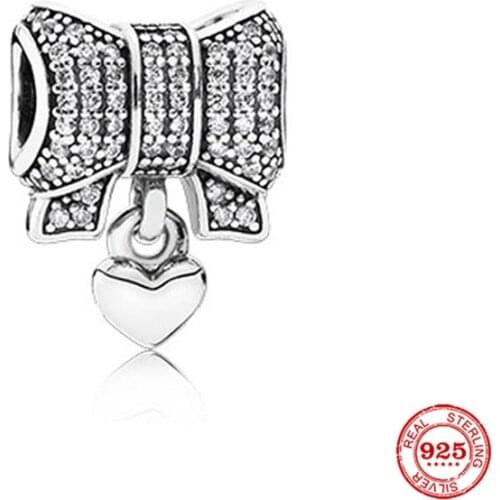 New Original Silver Color White Pave Bow Pendant Beads Fit European Pandora Charms Bracelet Bangles Jewelry Diy Accessories P683