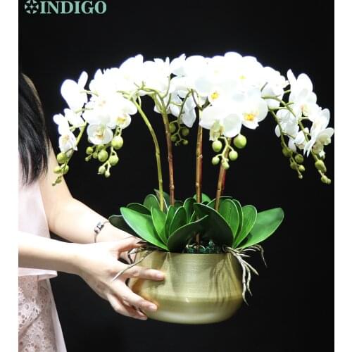 White Orchid (7Pcs Orchid+5Pcs Leaves) DIY Flower Arrangment Real Touch Faux Flower Office Decoration Event Centerpiece INDIGO
