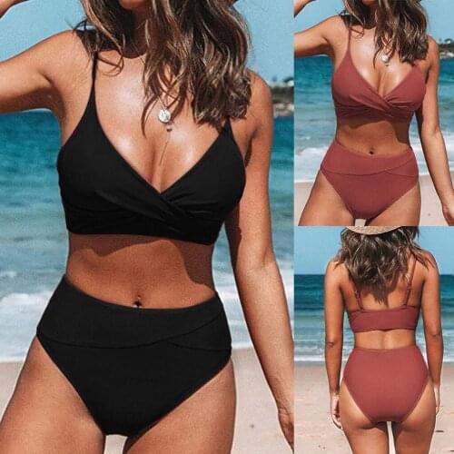 Sexy Solid Color Swimwear Bathing Suit New 2021 Women High Waist V-neck Bikini Swimsuit Party Beach Ladies Large Size