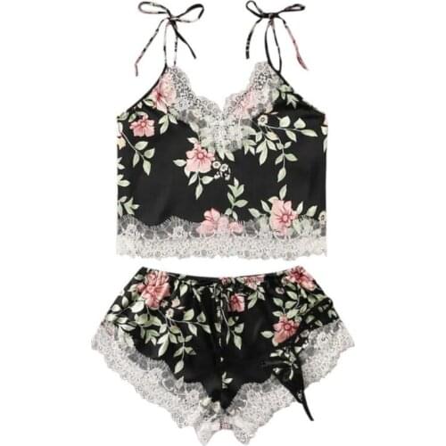 Women Sleepwear Sexy Imitation Silk Pajama Set Floral V-Neck Pyjamas