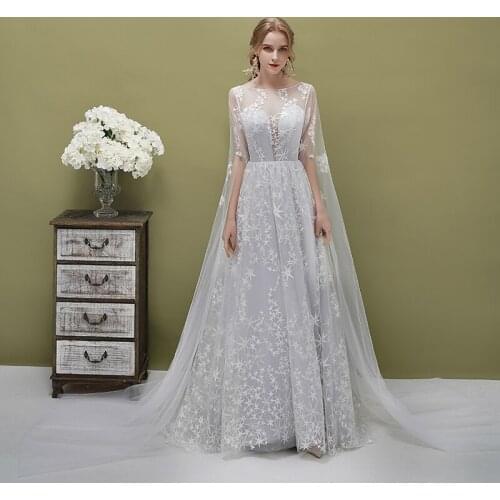 Wedding Dress 2021 Side Slit Long Sleeve Illusion Button Back Tulle A-Line Appliques Sweep Train Bridal Gowns