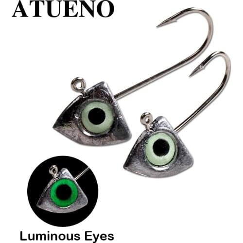 ATUENO 8pcs Jig Head Hook 2g 3g 4g 6g Worm Shad Jig Head Barbed Fishing Hooks Lures Bait Carbon Steel Fishhooks Luminous Eyes