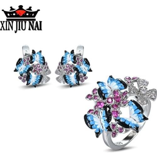 Retro Blue Butterfly Ruby Inlay earrings charming shiny cubic zirconia fashion enamel female jewelry gift high quality zircon