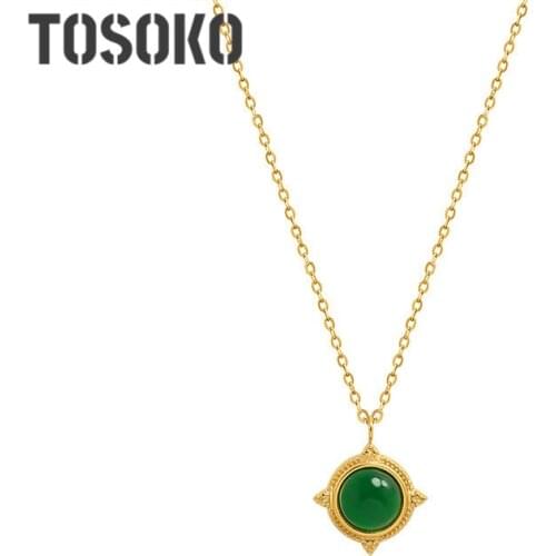 TOSOKO Stainless Steel Jewelry Natural Green Geometric Stone Chokers Necklaces Women Palace Style Simple Clavicle Chain BSP898