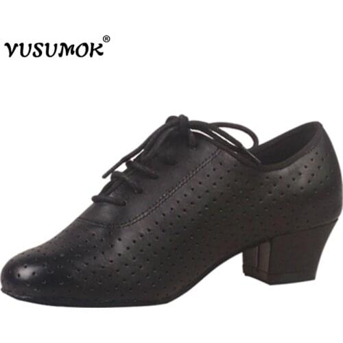 VUSUMOK Genuine Leather Women Black Latin dance shoes Female cowhide Ballroom dancing shoes Customized for Girls Plug Size 4cm