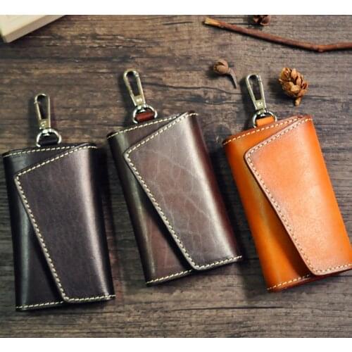 Vintage Tan LeatherKey Wallet Organizer Genuine Leather Men Car Key Wallets Women Cards Key Holder Housekeeper Case