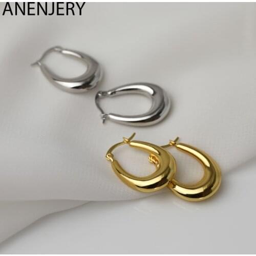 ANENJERY 925 Sterling Silver U-shaped Water Drop Hoop Earring For Women Big French Metal Earrings Accessories