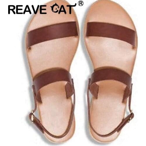 REAVE CAT New 2021 Ladies Sandals Open Toe Flat Genuine Leather Buckle Concise Non-Slip Classic Big Size 46 Casual Black A3597