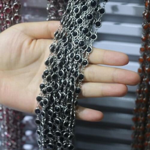 1M Copper Wholesale Gem stone Chain Faceted Black Crystal Quartz Glass Wrapped Plated Brass Links Flat Round Beads Findings
