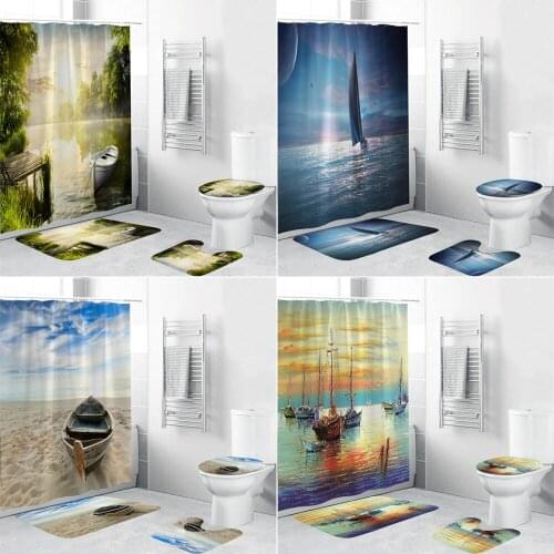 180x180cm Sunny Coast Shower Curtain Ocean Boat Bathroom Curtains Non Slip Beach Style Toilet Lid Cover Bath Mat Set