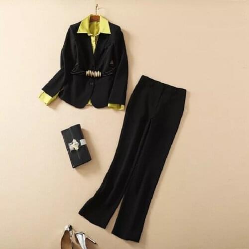 High Quality Blazer Sets 2021 Spring Autumn Pant Set Women Belted Black Blazer Coats+Yellow Tops Shirt+Full Length Pant Suit 3pc