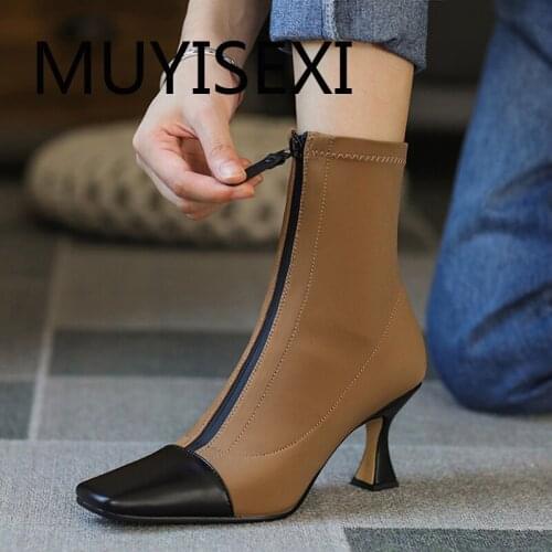 European design front zipper decorations square toe 7cm high heels coolest women elastic ankle boots GN23 MUYISEXI