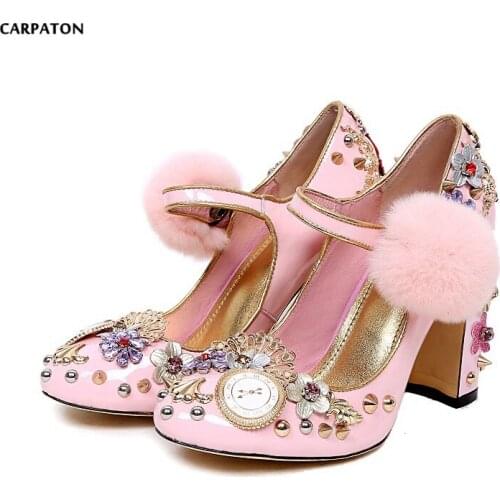 Carpaton 2018 Spring Patent Leather Pink Hairball Super high heels Fashion Watch Flower Crystal Rivets Golden Insole Women Shoes