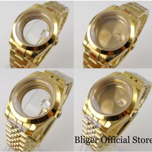 BLIGER Yellow Gold Coated 39mm Polish Watch Case fit NH35A NH36A ETA MIYOTA Jubilee/Oyster Band See-through/Solid Back