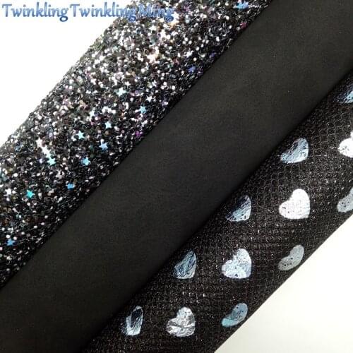 BLACK Glitter Fabric, SUEDE Synthetic Leather, Hearts Printed mesh glitter Fabric Sheet For Bow A4 21x29CM Twinkling Ming XM003C
