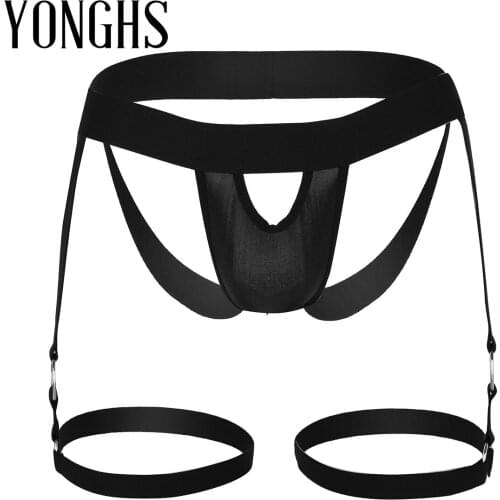 Black Mens Erotic Lingerie Underwear Bulge Pouch Open Butt Jock Strap G-string Briefs Panties with Leg Garters Band and O-rings