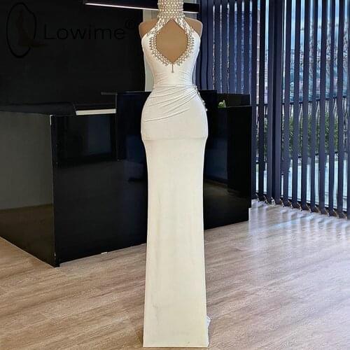 Ivory High Neck Sheath Evening Dresses Sexy Keyhole Pearls Floor Length Evening Gowns Formal Prom Party Gowns