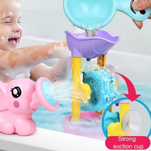Kids Baby Cartoon Bath Waterwheel with Suction Cup Bathing Windmill Elephant Watering Can Spoon Play Water Shower Pool Bath Toy