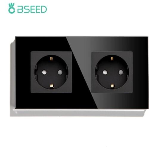 BSEED Double Socket EU Socket EU Standard Wall Socket 3 Colors White Black Gloden Crystal Glass Panel 16A 110V-240V