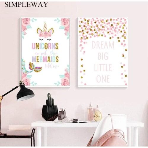 Unicorn Mermaid Baby Nursery Quotes Wall Art Child Poster Canvas Print Painting Nordic Kids Decoration Picture Girls Room Decor