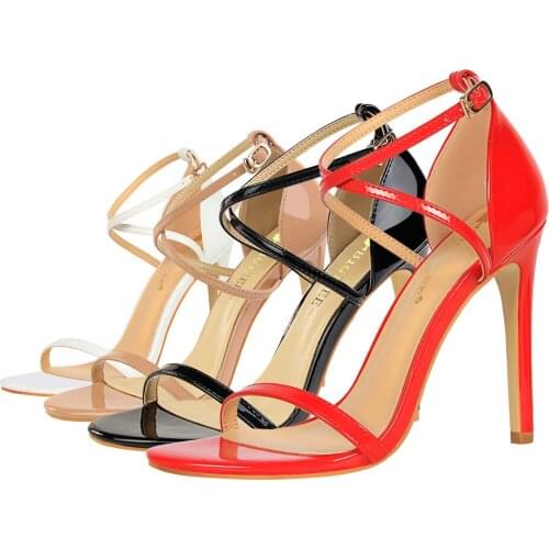 European and American style fashion banquet high heel thin heel open toe patent leather cross with sexy nightclub lady sandals