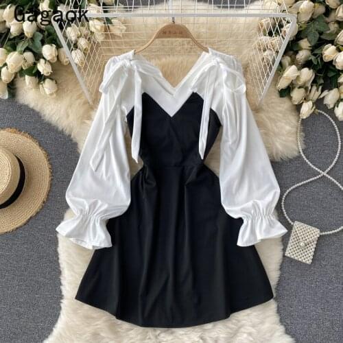 Gagaok Women Fake Two Dress 2021 Spring Autumn New V-Neck Flare Sleeve Streetwear Patchwork Dresses Fashion Chic Vestidos