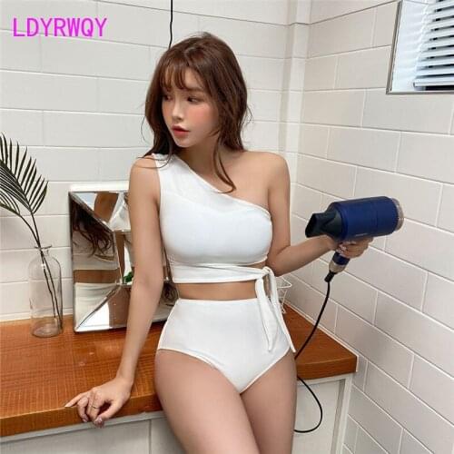 LDYRWQY 2021 new one-shoulder sexy split bikini Korean irregular swimsuit Two Pieces Swim