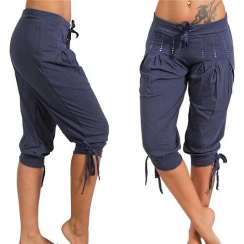 Summer Women Pants Plus Size Casual Solid Color Sequined Pleated Drawstring Capri Pants Jogging Sports Pants Streetwear 5XL