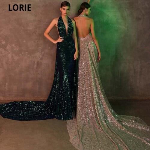 LORIE Long Bling Sequin Halter Evening Dresses 2021 Sexy Backless Deep V-Neck Vestidos De Fiesta Formal Evening Party Gowns