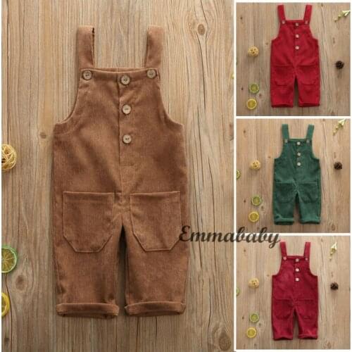 Toddler Baby Boys Girls Winter Warm Overalls Pants Kids Sleeveless Solid Color Button Pockets Corduroy Long Bib Pants