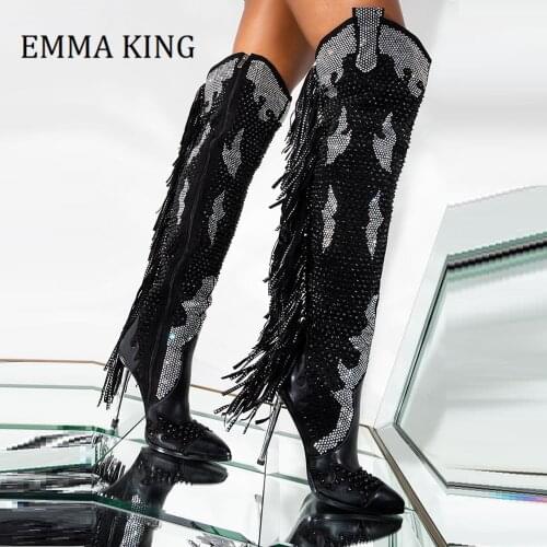 Fall Winter Women Rhineston Fringe Long Boots Sexy Iron Heels Black Leather Over The Knee Stiletto Boots Women Botas De Mujer