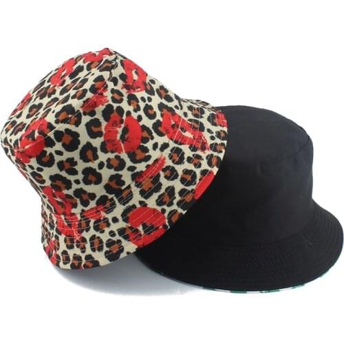 Summer Bucket Hat Women Fashion Leopard Kiss Print Fishermant Hat Panama Travel Beach Sun Hat Bob Chapeau Femme Bucket Cap