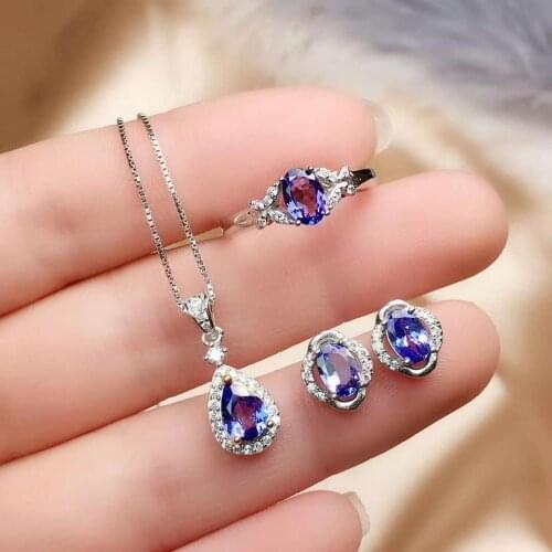 Real Natural Tanzanite jewelry set Natural Real Tanzanite 925 sterling silver 1pc pendant,1pc ring,2pcs Earring