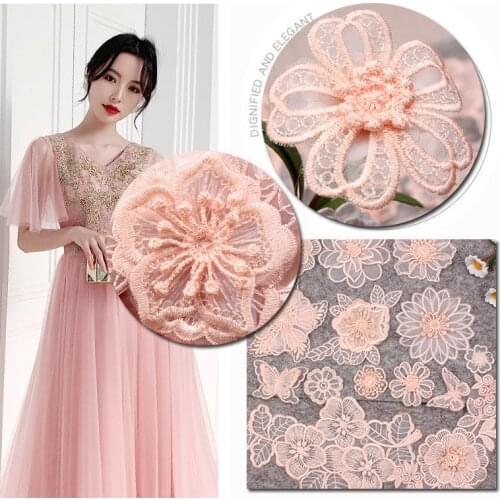 Flesh Pink Lace Flower Iron on Patches for Clothing Chiffon Wedding Dress Skirt Gauze Embroidery Applique Clothes Sticker Stripe