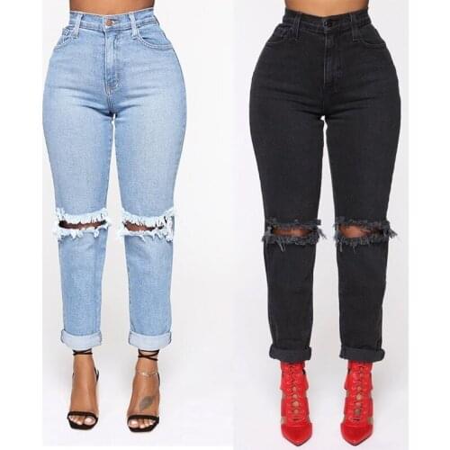 S-XXXL Women High Waist Hole Knee Jeans Skinny Denim Pants Sexy Push Up Trousers Stretch Bottom Jean Female Casual Jeans