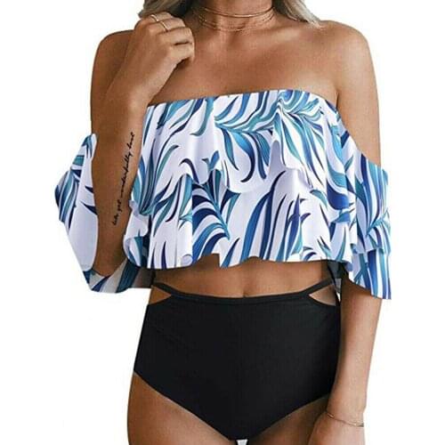 Sexy Swimwear Women Bikini Set Print Leaves Push-Up Padded High Waist Ruffle Vintage