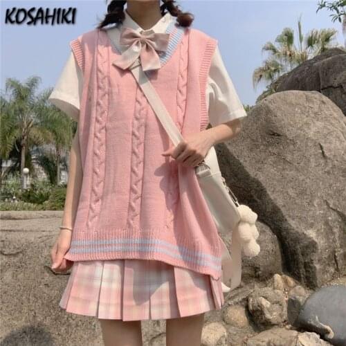 KOSAHIKI Women Sweater Vest Autumn Winter Sleeveless Sweater Ov-Neck JK Knitted Pullover Vest Female Jumper Kawaii Pull Femme