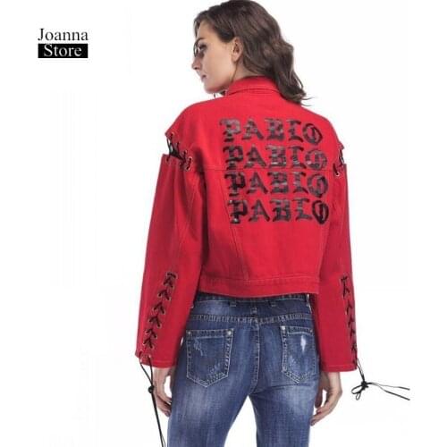 Casual Red Denim Jacket Women Patch Designs Letter Printed Coats Long Sleeve Jeans Jacket Cazadora Vaquera Mujer Coat Female New