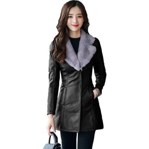 Autumn winter leather jacket womens Flocking Thicken warm PU leather coat natural fur collar Outerwear female Slim tops N252