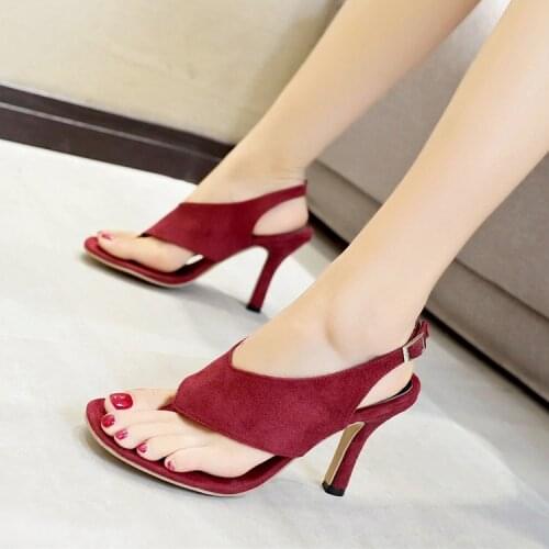 2021 new Large High-heeled Sandals, Womens Toed Suede, T-shaped Buckle, Thin Heel, Beautiful Sandals size 35-42