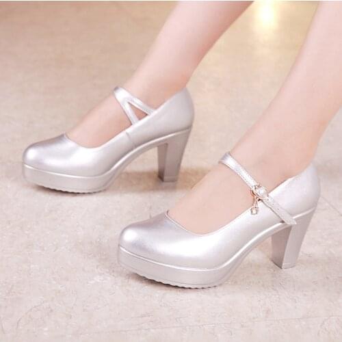 Plus Size 32-43 Block Heel Platform Shoes Women Pumps 2020 Fall White Silver Wedding Shoes Medium Heels Office Shoes Ladies