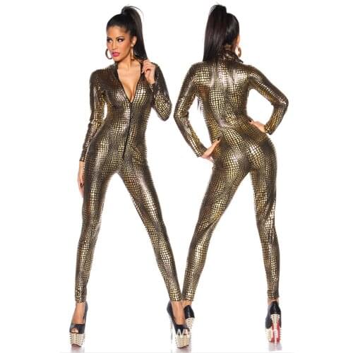 Sexy Black Wet Look Snake Jumpsuit PVC Latex Catsuit Nightclub DS Costumes Women Bodysuits Fetish Patent Leather Game Uniforms