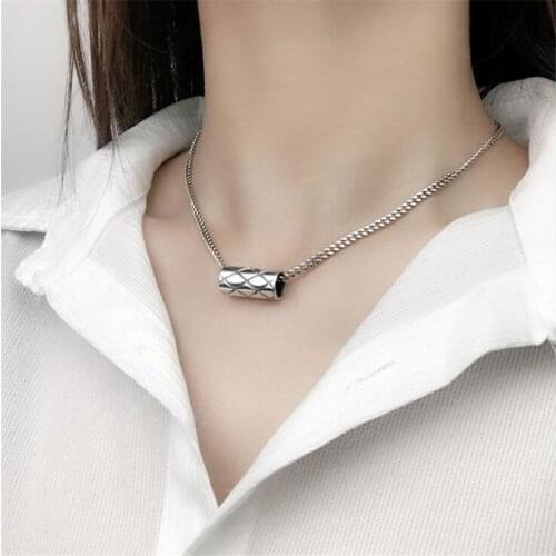 Hot Sale Plaid Round Tube 925 Sterling Silver Jewelry Personality Cylindrical Geometric Clavicle Chain Pendant Necklaces H257