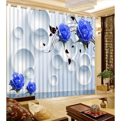 3D Curtain Photo Customize Size Living Room Circle Blue Rose 3D Window Decorative Curtains Blackout Curtain Fabric
