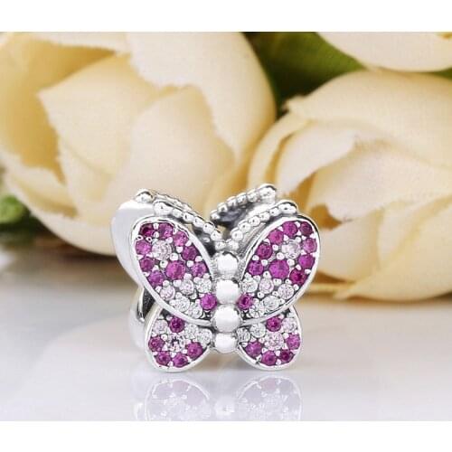 Free Shipping Authentic 925 Sterling Silver Pink Pave Butterfly Charm Fit Original Pandora Bracelet For Women DIY Jewelry Bead