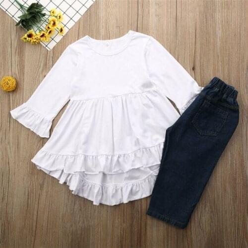 Toddler Baby Girls Clothes Set Long Sleeve Tops Dress Distressed Denim Pants Outfits Infant Kids Girl Solid White Top Suit 2-8T