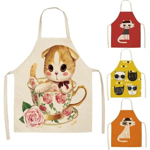 Cute Cat Apron Kitchen Apron for Woman Cartoon Cat Printed Sleeveless Cotton Linen Aprons For Cooking Home Cleaning Tools WQ93