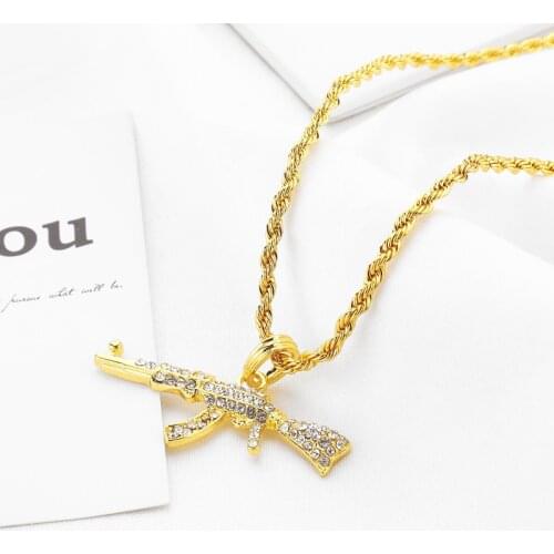 HipHop Rhinestone Paved Bling Gold Silver Color Stainless Steel Ak 47 Gun Pendants Necklace For Men Rapper Best Jewelry Choker